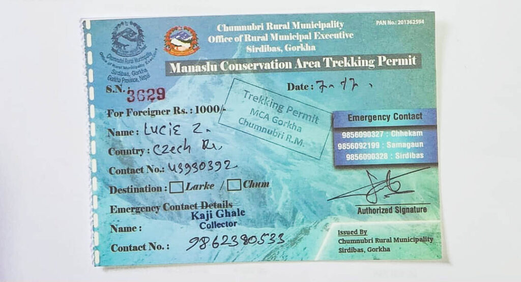 Fotokopie permitu pro Manaslu trek.